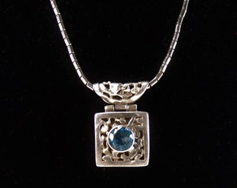 Vintage Swiss Blue Topaz Pendant Sterling Silver Necklace    T8