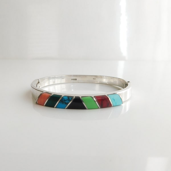 Sterling Silver cuff bangle with mixed natural stones inlay   T13