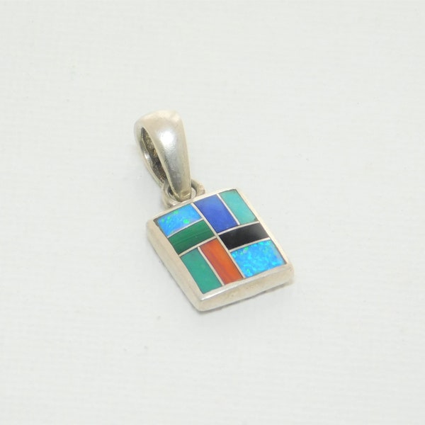 Vintage Sterling Silver, Multi Stone Inlay Pendant and Chain, Native American Pendant   T5