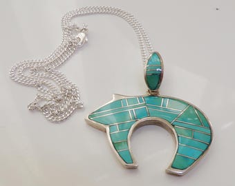 Sterling Silver Bear Pendant, Turquoise Necklace, Native American     T15