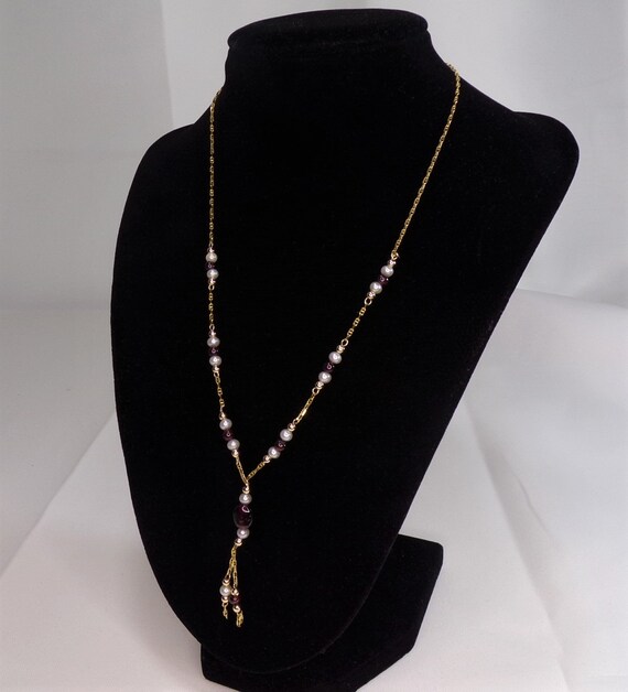 Vintage Lariat Necklace 14k Gold Pearl and Garnet… - image 6