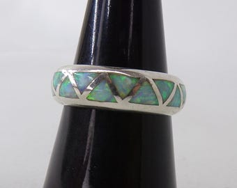 Opal Inlay Ring Geometric Design Sterling Silver Ring Size 8     T15