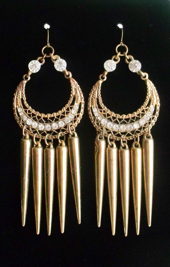 Long Chandelier Earrings, Brass Filigree Crystal E