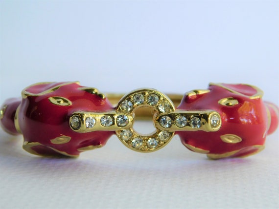 Vintage Gold Tone Red Enameled Hinged Bangle #T6 - image 1