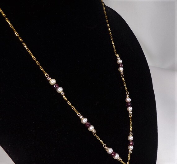 Vintage Lariat Necklace 14k Gold Pearl and Garnet… - image 4