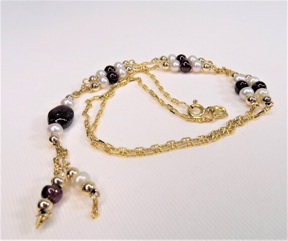 Vintage Lariat Necklace 14k Gold Pearl and Garnet… - image 2