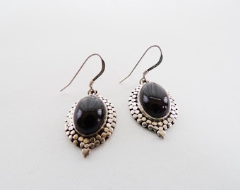 Onyx Earrings, dangle earrings, drop earrings, Sterling silver etched earrings        T15