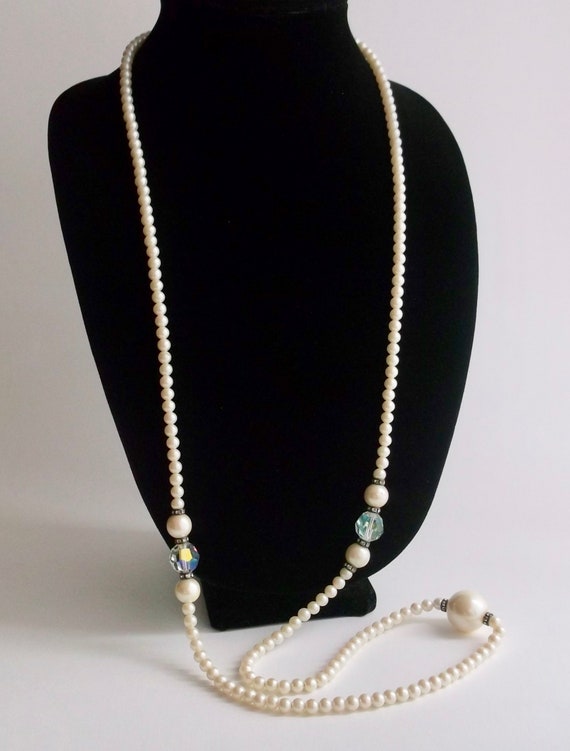 Flapper Style Necklace Vintage Pearl & Rhinestone… - image 2