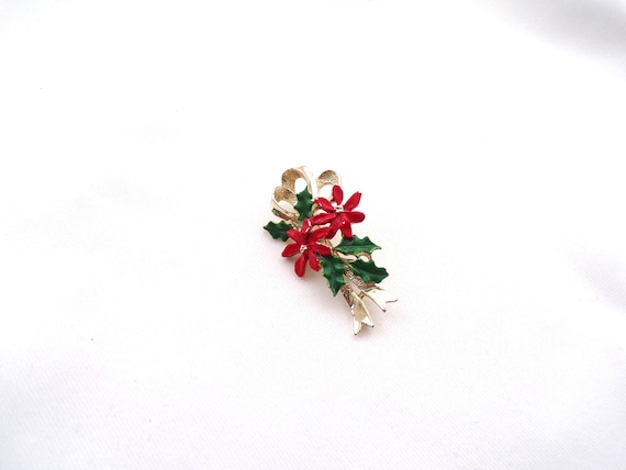 Christmas Bow Brooches, One with Bells, One with Chrysanthemum Holiday Bows Vintage Brooches T10