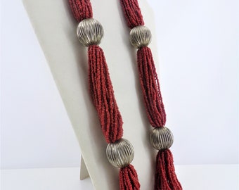 Vintage Red Seed Bead and Silver Necklace    T6