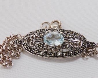 Sky Blue Topaz Chain Bracelet, Sterling Silver and Marcasite Design Ice Blue Topaz Gemstone      T15