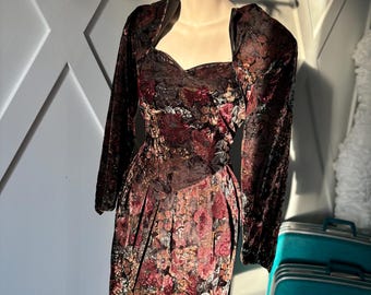 Vintage 80s Velvet Floral Dress | Orite Petite Size 13/14 | Long Sleeve Structured Evening Dress