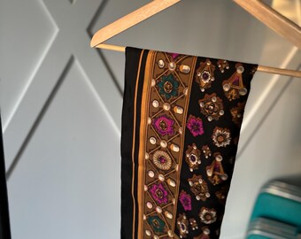 Vintage Black Jewel Motif Scarf – Gold, Magenta & Emerald Ornate Pattern – Satin Feel