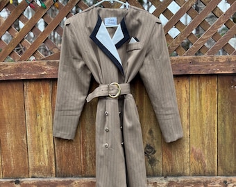Vintage 80s Pinstripe Trench Dress by Honey Fashions | Belted Blazer Dress with Gold Buckle | Size Medium
