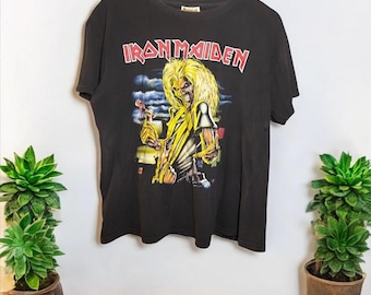 Vintage Iron Maiden T-Shirt - 80er/90er Jahre Band T-Shirt - Eddie Grafik - Heavy Metal Rock Shirt - Schwarz - Tagged XXL (passend für L)
