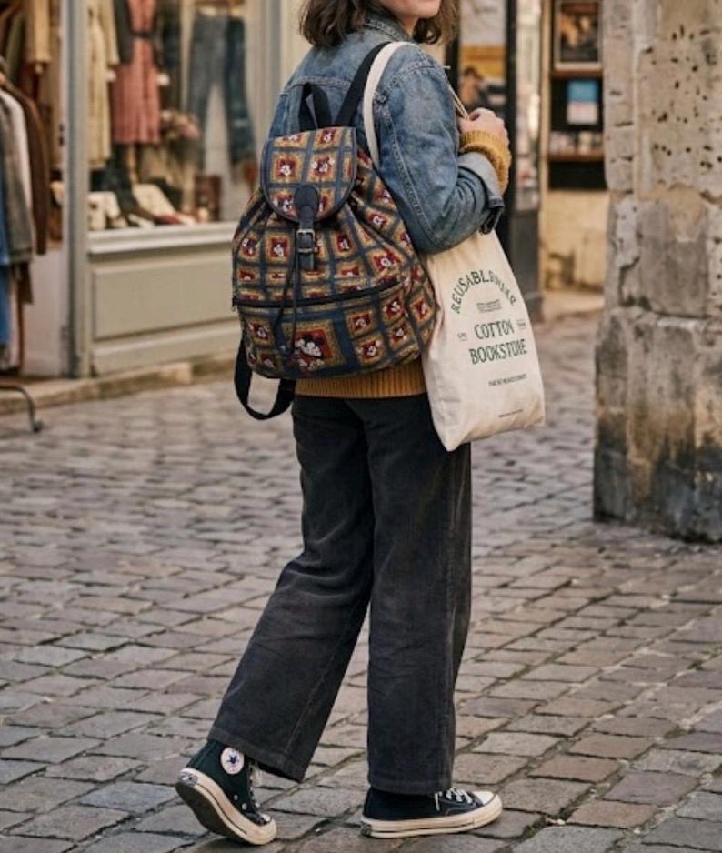 May include: A patterned backpack with a drawstring closure and a buckle, paired with a canvas tote bag. The tote bag has the text "REUSABLE COTTON BOOKSTORE". The person is wearing a denim jacket, corduroy pants, and black high-top sneakers.