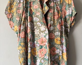 Vintage Floral Button Up Blouse – DAKS – Cottagecore Garden Shirt – Size M