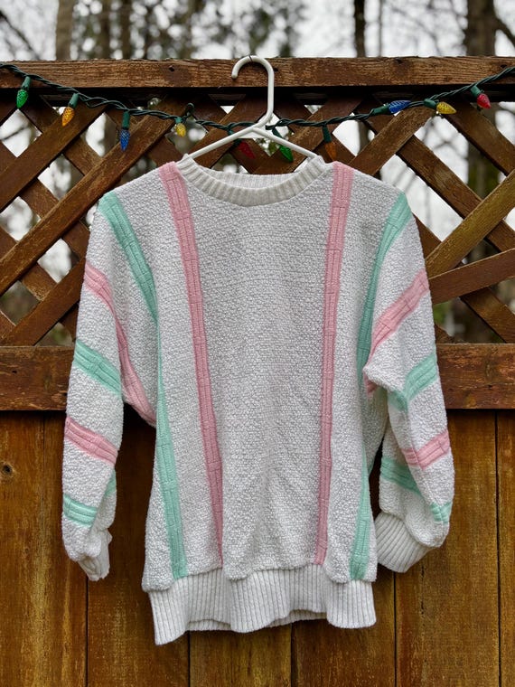 Vintage 80s 90s Pastel Striped Textured Knit Sweater White
