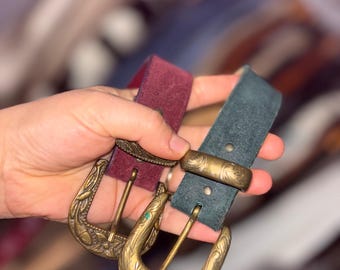 Vintage Burgundy Suede Leather Belt – Brass Western Buckle – Size Small