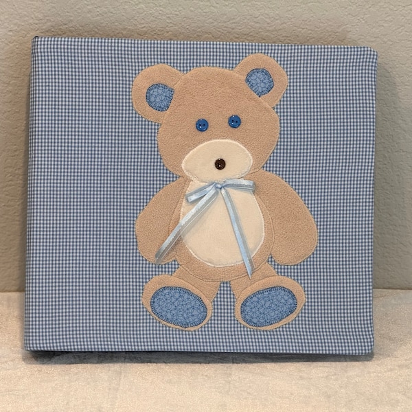 12x12 Scrapbook Photo Album Memory Book Postbound 3 Ring Post blue gingham teddy bear hand sewn appliquéd baby boy girl newborn shower gift