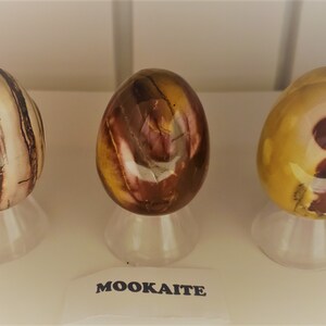 May include: Three polished Mookaite eggs, each with a unique pattern of brown, yellow, and white stripes and swirls, displayed on clear stands. The label below reads "MOOKAITE".
