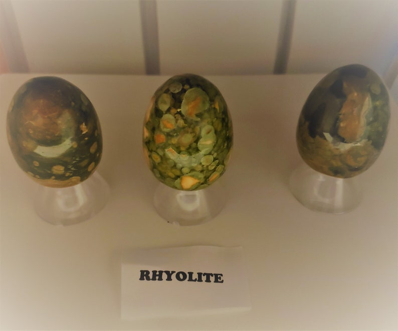 May include: Three green, brown, and white rhyolite stones on white stands. The stones are polished and have a speckled pattern. The label below the stones reads "Rhyolite".