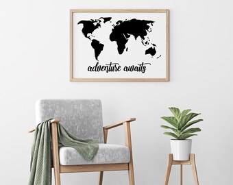 Adventure Awaits World Map Wall Art • Adventure Awaits Printable Wall Art • World Map Print • Livingroom Wall Decor • Nursery Wall Art