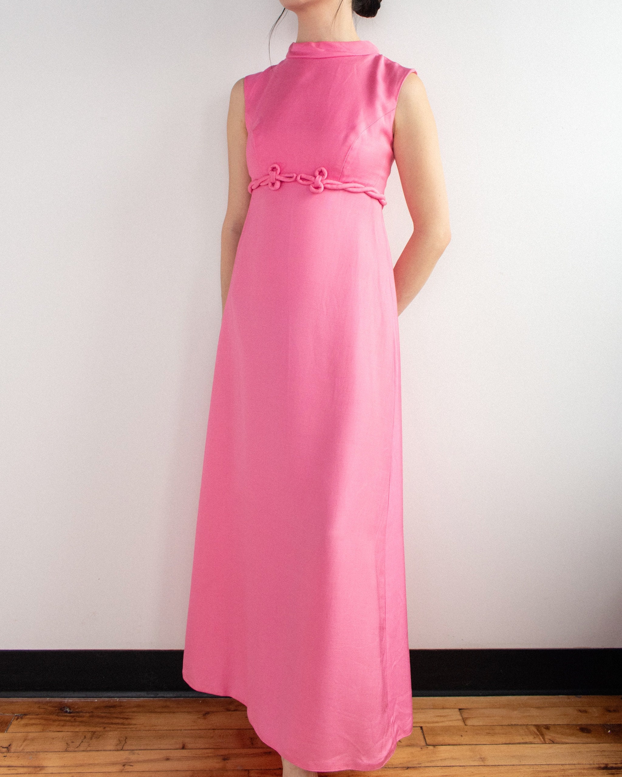 Vintage 60s Pink Empire Waist Maxi Dress Gown XXS Petite