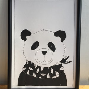 Panda Monochrome Print nursery decor, kids room art, panda art, A4 art, black and white print