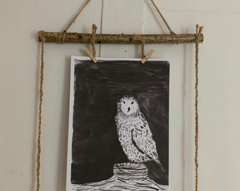 Night Owl Sketch print, hand drawn A4 card.