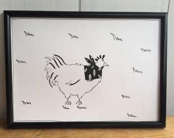 Chicken Print, nursery decor, kids room art, easter present, chicken art, monochrome chicken, sweet hen print, monochrome nursery art