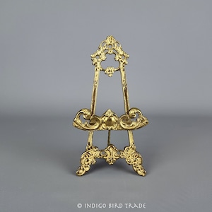 Vintage Brass Folding Display Easel Stand | Victorian Style Small Gold Plate Holder Solid Brass Table Top Picture Photo Antique Mid Century