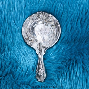 1900's Art Nouveau Silver plated Repousse Hand Mirror | Antique Floral Silverplated Vanity Mirror Flower Lily Monogrammed Edwardian era