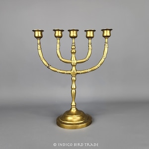 Antique Solid Brass 5 Arms Candelabra | Vintage Candlesticks Candle Holders Gold Metal Jewish Hanukkah Menorah Tulip Candleholders Decor