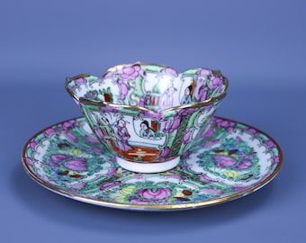 Vintage Chinese Porcelain Famille Rose Tea Bowl Cup and Saucer Antique Rose Medallion Tea Set Dessert Plate Asian Ceramic Chinoiserie Decor