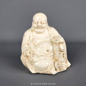 Vintage White Ceramic Buddha Statue | Antique Porcelain Laughing Buddha Holding Beads Sculpture Figurine Figure Feng Shui Gift Home Decor