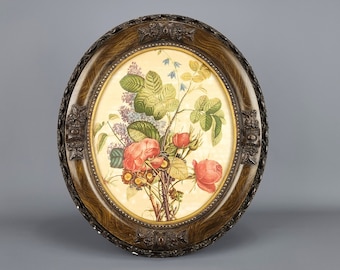 19th century Victorian Picture Frame with Floral Lithograph Print | Antique Wooden Photo Frame Wall Hanging with Glass Vintage Ornate Frame