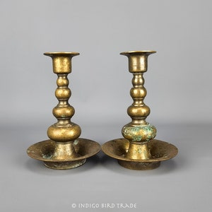 Pair of Antique Solid Brass Candlesticks | Vintage Taper Candleholders Old Patina | Victorian Candle holders with Plates | Christmas Decor