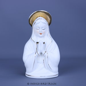 Vintage Betende Madonna Büste Biskaya Porzellan | Antike Keramik Jungfrau Maria Statue Französische religiöse Dekor Skulptur Weiß und Gold Weihnachten