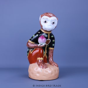 Vintage Chinese Ceramic Monkey with Peach Statue | Antique Porcelain Chinoiserie Monkey Sculpture | China Pottery Figurine Christmas Gift