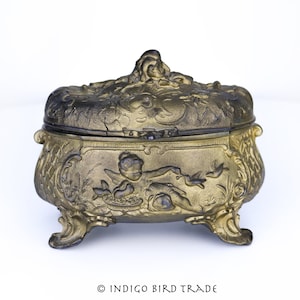 19th Century French Gilt Bronze Jewelry Box with Cherub and Birds | Antique Ormolu Footed Jewelry Casket Ornate Metal Putti Vintage Vanity