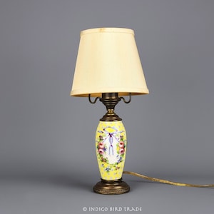 1920s French Porcelain Boudoir Lamp | Antique Petite Accent Lamp Hand Painted Flowers and Ribbons | Vintage Bedroom Nightstand Ceramic Lamp