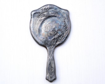 1900's Antique Art Nouveau Silver plated Repousse Hand Mirror | Edwardian Era Lily of Valley Vanity Silverplated Mirror Victorian Vintage