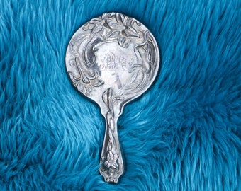 1900's Art Nouveau Silver plated Repousse Hand Mirror | Antique Floral Silverplated Vanity Mirror Flower Lily Monogrammed Edwardian era