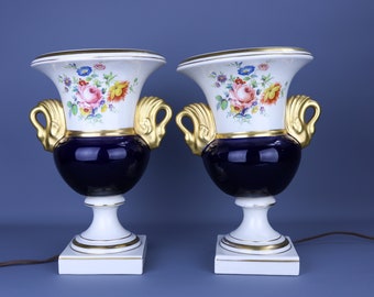 Pair of Antique Vieux Paris Hand Painted Porcelain Lamps Campana Urns with Gilt Swan Handles Vintage Old Paris French Vase Accent Lamps