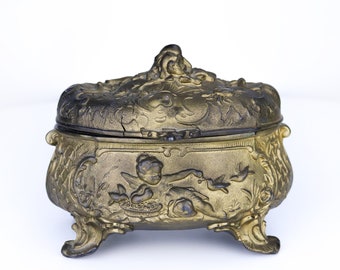 19th Century French Gilt Bronze Jewelry Box with Cherub and Birds | Antique Ormolu Footed Jewelry Casket Ornate Metal Putti Vintage Vanity