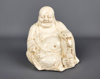 Vintage White Ceramic Buddha Statue | Antique Porcelain Laughing Buddha Holding Beads Sculpture Figurine Figure Feng Shui Gift Home Decor