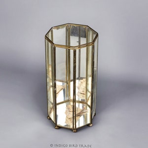 Vintage Octagon Glass and Brass Curio Cabinet Display | Mirrored Glass Gold Case Tall Table Top Box Vanity Doll Display Casket Mid Century