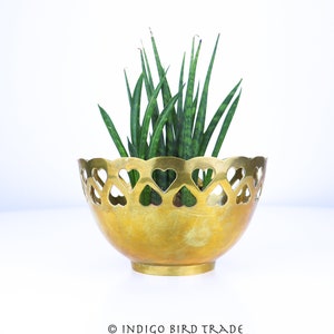 Lovely Vintage Brass Ornate Planter | Mid Century Gold Pierced Metal Round Small Plant Pot | Indoor Garden Antique Jardiniere Succulent