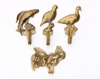 Vintage Solid Brass Coat Hook Fish Bass Bird Duck Quail Chicken Cherub Angel | Antique Gold Metal Wall Hook Bronze Mid Century Hanger